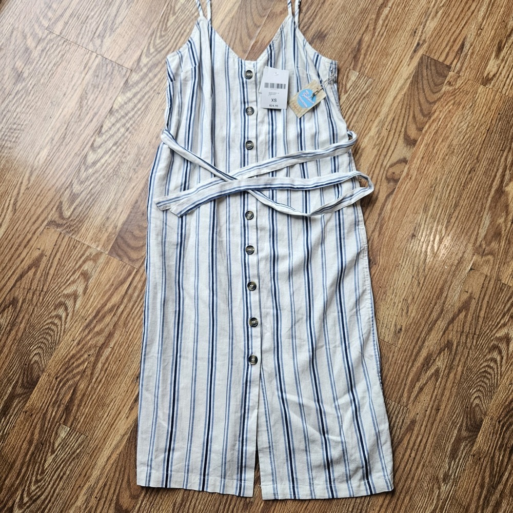 Forever 21 Linen Blend Belted Midi Dress XS White Blue Strip Coastal Resort Chic